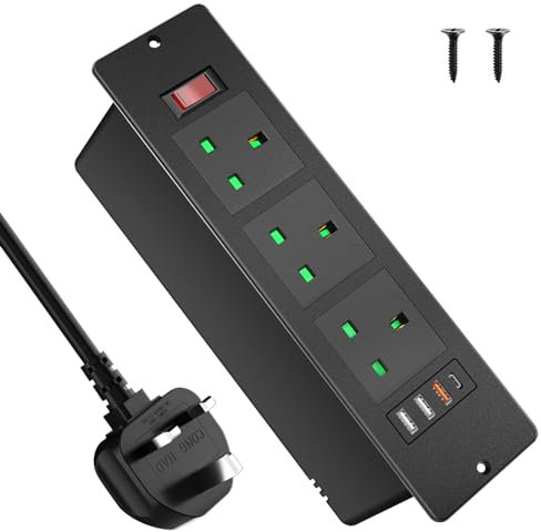 Desk Power Socket with USB C PD20W, Recessed Power Strip 3 Outlets and 3 USB, Desk Power Extension Lead with Switch for Furniture Kitchen Worktops, 2M Cable, Black, HANNELORE
