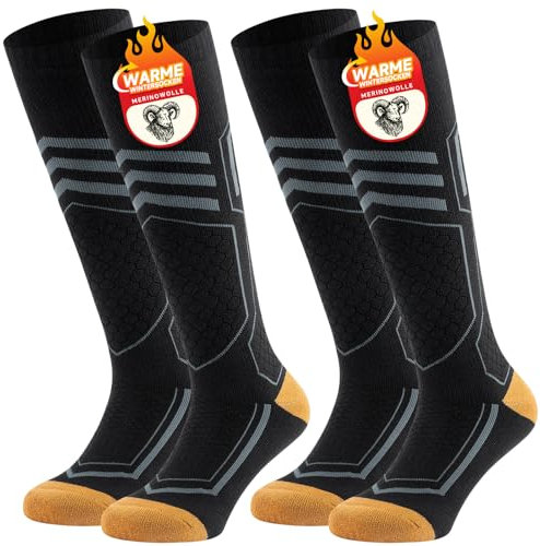 TANSTC Merinowolle Skisocken Herren 43-46 Winter Warme Merino Socken Antiblasen Dicke Thermosocken Wandersocken Damen, Thermo Wintersocken Kompressionsstrümpfe, Skifahren Geschenke Schwarz 2 Paar
