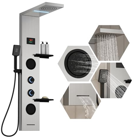Homevacious 4 In 1 Shower Panel System with Shelf,LED Rainfall Shower Head and Massage Body Jets,3 Functions Handheld Head and Tub Spout,Stainless Steel Bathroom Shower Fixtures,Brushed Nickel