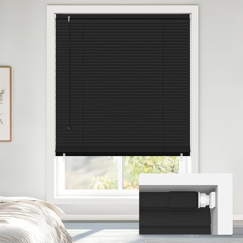LazBlinds No Drill Blackout Vinyl Mini Blinds, Black 24x64