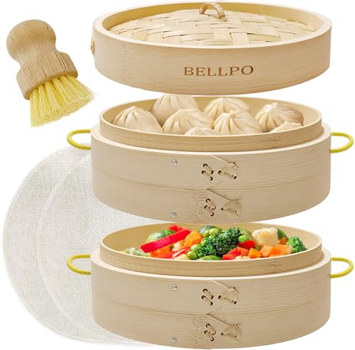 BELLPO Panier vapeur en bambou avec poignée latérale, pour petits pains Bao, boulettes, riz, légumes, brocoli, poisson, dim sum, viande, 2 étages de 20,3 cm, comprend 2 doublures vapeur en bambou et