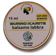 Balsamo labbra karité con olio arancio (15 ml), protegge e nutre in profondità le labbra secche e screpolate. Prodotto equo-solidale del Burkina Faso (1 pezzo).