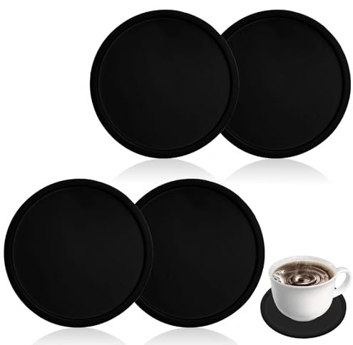 AOZUO 4pcs Silicone Drink Coasters - Non Slip Round Cup Coasters for Office Table, Desk, Kitchen, Bar, Furniture - Rubber Cushion Mat for Beverage, Coffee, Tea Protection (Black)