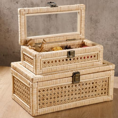 LOYIM Set of 2 Boho Rattan Decorative Box with Glass Lid Rectangular Woven Cane Stacking Boxes for Display Rustic Farmhouse Storage Basket Bins for Home Decoration
