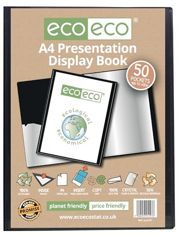 eco-eco A4 Size 50% Recycled 50 Pocket Black Presentation Display Book, Storage Case Portfolio Art Folder with Plastic Sleeves, eco197