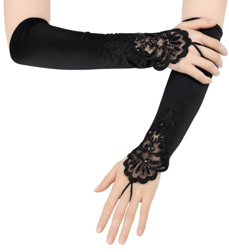 Gants Longs Noirs D'opéra pour Femmes Dentelle Satin Mariage Gants Noirs de Mariée, Soirée, Fête à Thème Années 1920, Halloween - Accessoire Chic et Confortable pour Toutes Occasions Spéciales