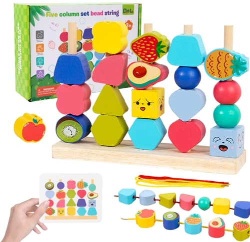 SPERMUOY Montessori Fädelspiel Lernspielzeug ab 2 3 4 5 Jahre,Holzspielzeug Steckspiel Fädelspiel Bausteine Sortierspiel für Kinder,Holz Lernspiele Stapelspiel Feinmotorik