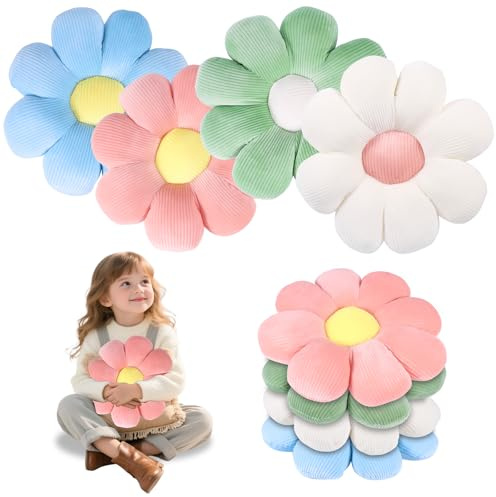 Flower Floor Cushion 4 Pack, Daisy Cushion 40cm Flower Pillow Window Seat | Thick PP Cotton Filling,Ultra Soft Plush,Floral Seat Pads Non Slip & Durable,Daisy Shaped Plush Pillows for Chair Sofa Car