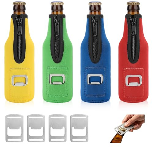 Riisoyu 4 Fundas Enfriadoras para Botellas de 330ml - Mangas Aislantes de Neopreno con Cremallera y Abrebotellas Incorporado, Reutilizables Antideslizantes para Cerveza y Bebidas (4 Colores)