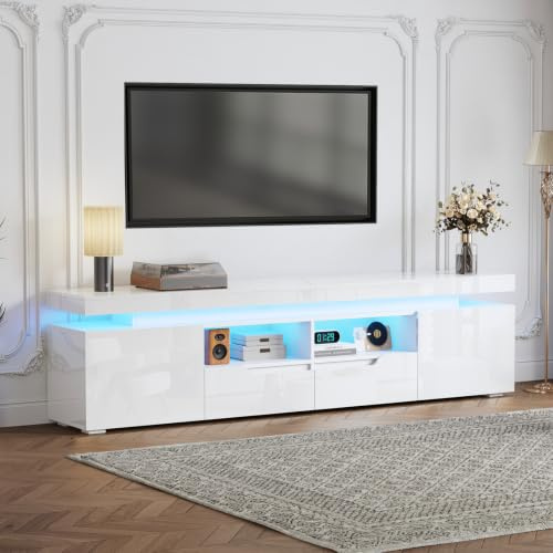 LSLIFE Modern 200cm High Gloss TV Stand Cabinet with LED Light for 85in TV