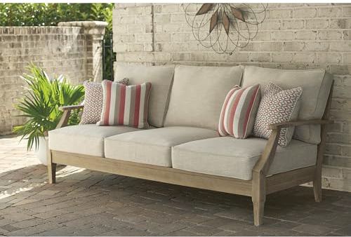 Signature Design by Ashley Clare View Outdoor Patio Sofa, 4 Throw Pillows, Nuvella Weather Resistant Fabric, Eucalyptus Wood, 81 W x 35 D x 32 H, Beige