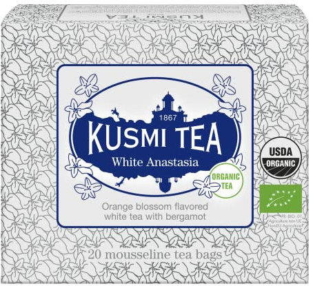 Kusmi Tea - Thé Blanc Bio White Anastasia - Thé Blanc à la Bergamote, Aromatisé Fleur d'Oranger et Citron - Boîte Thé de 20 sachets mousseline - 40g
