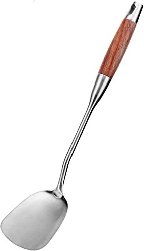 Litensh 304 Edelstahl Wok Spatel, Metall Woklöffel Pfannenwender Wokwender Kochschaufel mit Hitzebeständigem Löchern Holzgriff zum Braten von Steak, Fisch, Eiern 38,9 cm