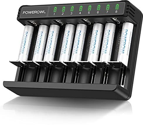 POWEROWL Cargador de Pilas Universal, Cargador con 8 Pilas Recargables AAA, Cargador para Pila AA AAA C D Recargeables, Tipo C y Carga Rápida Micro USB