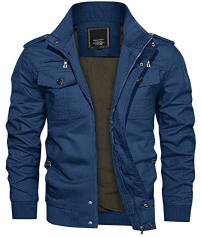 KEFITEVD övergångsjacka för män, lätt vinterjacka, höstjacka, flygjacka, ståkrage, bomberjacka, bomull, army, fältjacka, cargojacka, herr, Blouson, Windbreaker, Denimblå, S