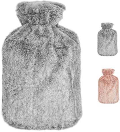 Wärmflasche, 2L Wärmflaschen mit Weichem Bezug - Wärmeflasche Auslaufsicher - Flauschig Bettflasche Handwärmer für Kinder & Erwachsene Hand-Fußwärmer, Menstruationsbeschwerden Schmerzlinderung (Grau)