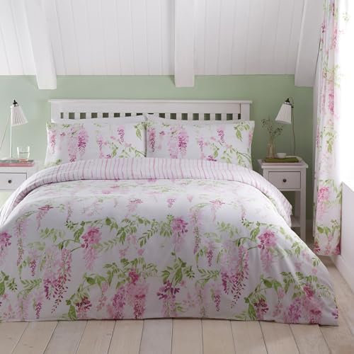 Dreams & Drapes - Pink Floral Wisteria Duvet Cover - Double Bedding Size (200 x 200cm) - Reversible Design (Purple Stripe) - Easy Care & Washable - Flower Duvet Cover in Wisteria