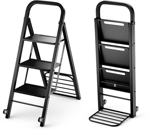 Goplus 2-in-1 Convertible 3-Step Ladder & Hand Truck, 550lbs Capacity Foldable Step Stool w/Non-Slip Wide Pedals, Household Hand Cart w/Rubber Wheels, Heavy-Duty Hand Truck Dolly, 2024 New