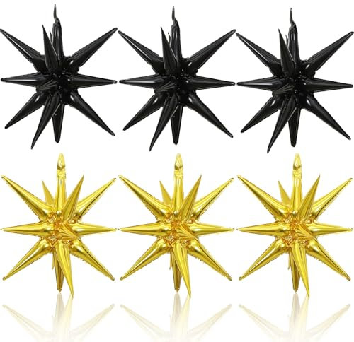 HILAVO 6PCS Silver Black Star Balloons, 22Inch Large Explosion Star Balloon Foil Balloons Spike Cone Balloon for Birthday Anniversary New Years Party Decorations