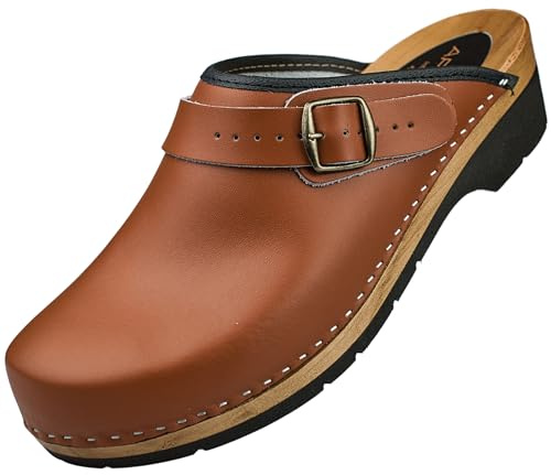 APREGGIO Sabots Homme en Bois – Clogs Ergonomiques en Cuir – Sabots de Jardin Pratiques – Marron Clair – Taille 43