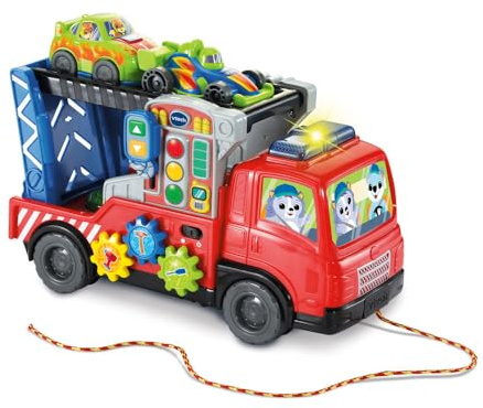 VTech - Super Camion Dépannage Interactif - Jouet à Tirer 3 en 1 - Camion Transporteur de Voitures, Dépanneuse Jouet Enfant, Rampe Voiture de Course - Cadeau Enfant Dès 1 an - Contenu en Français
