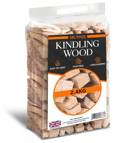 Munnie Kindling Wood 1 Pack x 2.4KG – Premium Kiln-Dried Firewood for Wood Burners, Fire Pits, BBQs & Pizza Ovens – Easy to Light, Smokeless, Long-Lasting Fire Logs – Low Moisture & Clean Burn