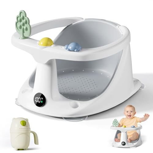 EzyWay Baby Bath Seat with Thermostat for Babies 6 Months & Up, Non-Slip Sitting Up, Soft Cushion (Grey Cup)