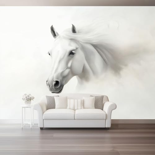 Papel tapiz fotográfico 350 x 256 cm Revestimiento de paredes decoración de salón Diseño Caballo Blanco Minimalista para dormitorio, sala de estar, papel tapiz no tejido, decoración de pared, Blanco