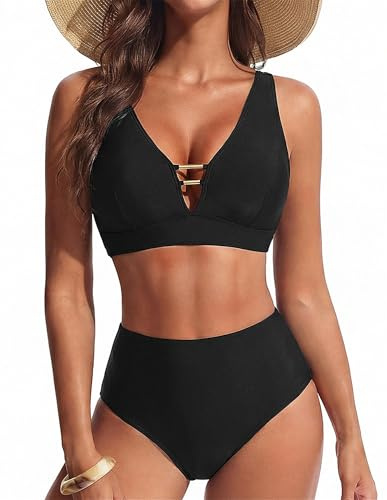 Hanna Nikole Women High Waist Bikini Sets,2 Piece Cutout Swimsuit,V Neck Bathing Suits,Sexy Swimwear Tummy Control Beachwear,Retro Push up Swimming Custom