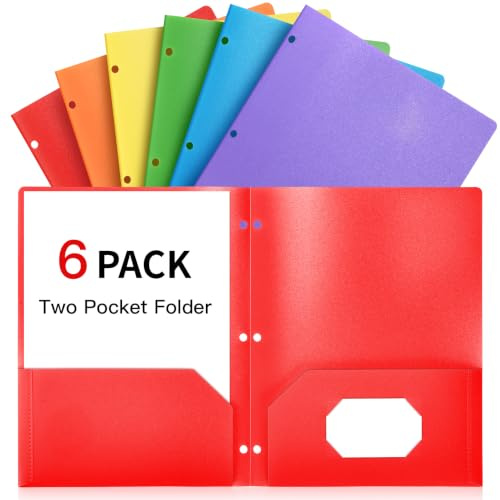 6 Pcs Plastic Folders a4 2 Pocket Folders with 3 Hole Punch, Document File Folder with Card Slot Pockets, Paperwork Organizer Presentation Folder for Office Home School, Rainbow Colors