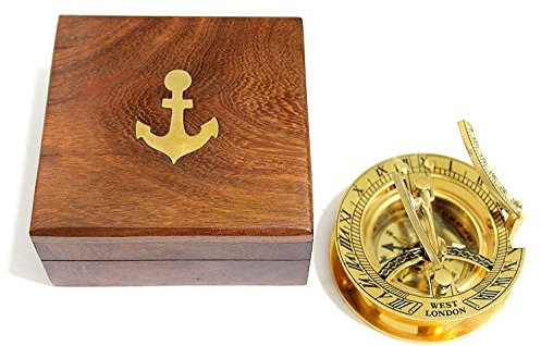 7,6 cm Sonnenuhr-Kompass mit Teakholzbox, eingelegt mit massivem Messing