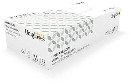 Box of 100 Powder Free Soft Vinyl Disposable Gloves (by Unigloves) - Choice of Clear or Blue (Clear, L - Large)