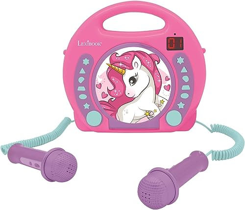 Lexibook- Lecteur CD Portable Licorne avec Micros, Poignée, Programmation, Répétition, Karaoke, Cheval, Prise écouteurs, Enfant, Fille, Rose/Violet, RCDK100UNI