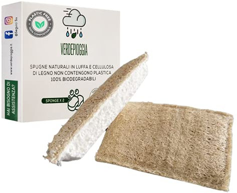 VERDEPIOGGIA - Spugne Cucina per Pulizia Casa, Naturali ed Ecologiche, Zero Waste, Comode. 2 Spugne Luffa e Cellulosa Completamente Naturali