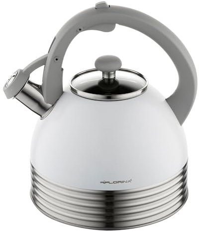 FLORINA LINO Wasserkessel (2,9 l) I Edelstahl Teekessel I Flötenkessel mit Soft-Touch Griff I Pfeifton mit Knopfdruck ausschaltbar I Wasserkocher für Induktionsherd, Gasherd, Elektroherd I Farbe: Weiß