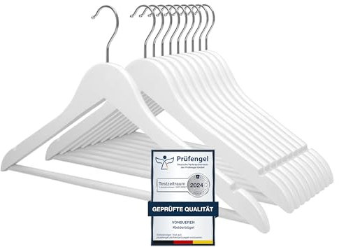 10 x Kleiderbügel Holz weiß VonBueren | 44,5 x 22 cm je Bügel/Holzbügel | Holzkleiderbügel Weiss | 360 Grad drehbar