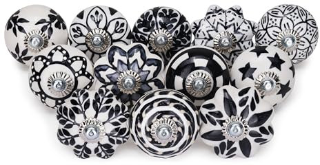 FURNISHFUL FINESSE Cabinet Multicolor Assorted Ceramic Drawer Pull Handle Kitchen Cupboard Wardrobe Black Knob Boho Room Decorative Dresser Drawers Knobs-Pack of 12