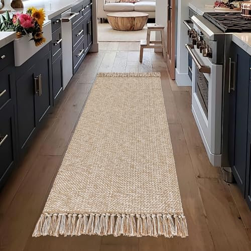 BUAGETUP Washable Runner Rug 2'x 6',Tan Cream Hallway Runner Rug Cotton Woven Reversible Farmhouse Laundry Room Rug with Tassels Bedside Rug for Hallway Bedroom Bathroom Sink Foyer