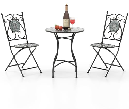 COSTWAY Bistrobord med 2 stolar, mosaikbistroset vikbart, 3-delat balkongset, sittmöbler, trädgårdsdekor, balkongmöbler, trädgårdsmöbler, sittgrupp för trädgård, terrass, balkong (svart-grå)