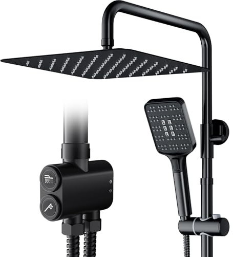 Rainsworth Duschsystem ohne Armatur Schwarz - 30 x 30 cm eckig Regendusche und 3 Strahlarten Duschkopf, mit Umsteller aus Messing,Duschsäule Duschset für Dusche