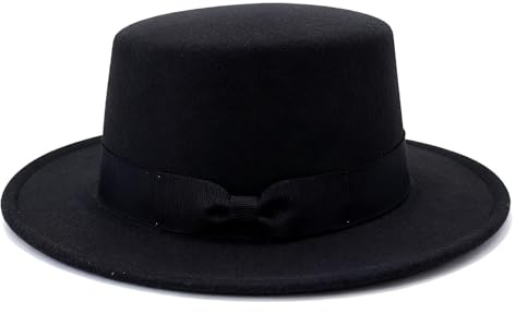 VASANA Chapeau Fedora noir à haut plat classique à large bord avec ceinture à nœud en feutre vintage pour homme et femme, accessoires de fête et usage quotidien