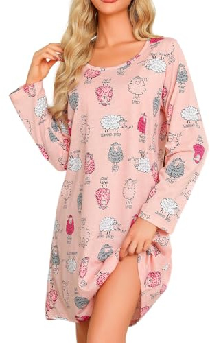 MIA LUCCE - Camisón de noche para mujer, manga larga, algodón, camisones para mujer, ropa de dormir redonda S-3XL, XL