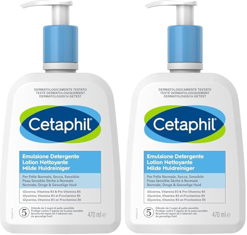 Cetaphil lotion nettoyante, 470ml, lotion nettoyante visage et corps, peaux sensibles sèches à normales, Niacinamide, Panthénol et de la Gycérine hydratante, sans savon (Lot de 2)