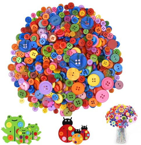 1000 Stück Bunte Knöpfe, Runde Bastelknöpfe, Kunststoff Bastelknöpfe Kinderknöpfe Set, Rund Farbige Knöpfe Verschiedene Größen und Farbe für Kinder DIY Basteln Painting Geschenk Deko