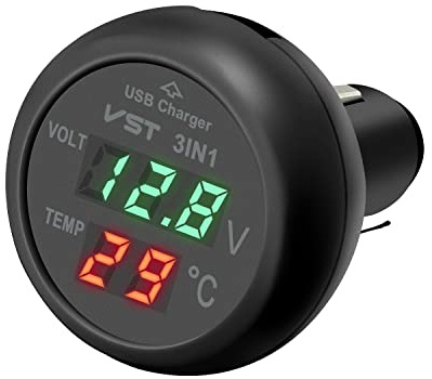 Hoembpn 3 in 1 Auto USB Ladegerät Voltmeter Thermometer mit LCD-Digitalanzeige Temperatur Tester Batteriespannung Monitor für 12V-24V Wohnwagen LKW SUV Bus