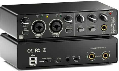 24Bit 192kHz Audio Interface, 2 In 2 Out USB Audio Interface for Recording, Streaming, Podcasting with Pro Audio Mixer, Mic Preamplifier, XLR TSR TS Ports, 48V Phantom Power