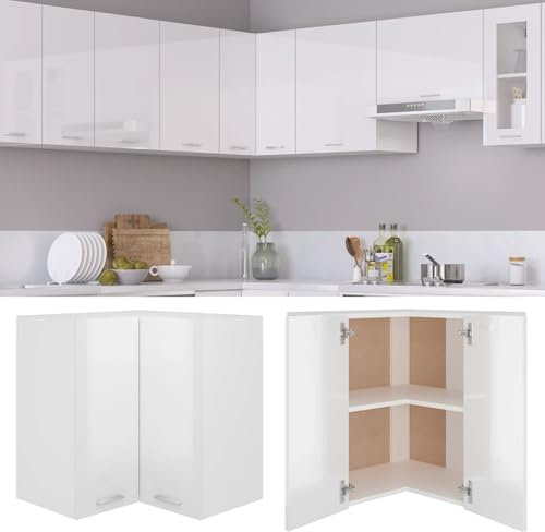 Modern High Gloss White Hanging Corner Cabinet 57x57x60 cm Stylish Engineered Wood Kitchen Wall Cabinet for Small Spaces