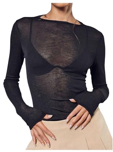 RoseSeek Women's Sheer Mesh Long Sleeve T Shirts Boat Neck Slim Fit Tee Tops Going Out Tops See Through Shirts Black Medium