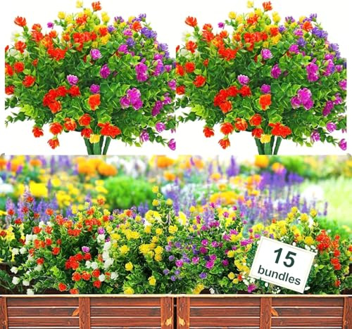 LATERN 15 Mazzi Fiori Artificiali per Esterni, 35CM Piante Arbustive Finte Resistenti Ai Raggi UV In Plastica Per Vaso Sospeso Pianta Vaso Giardino Portico Matrimonio Decorazione (5 Colori)