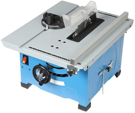 MEELRYD Sierra circular de mesa, 240 V, 1400 W, mesa de sierra, sierra circular de mesa con base y trineo deslizante para cortar madera, procesamiento de muebles, color azul